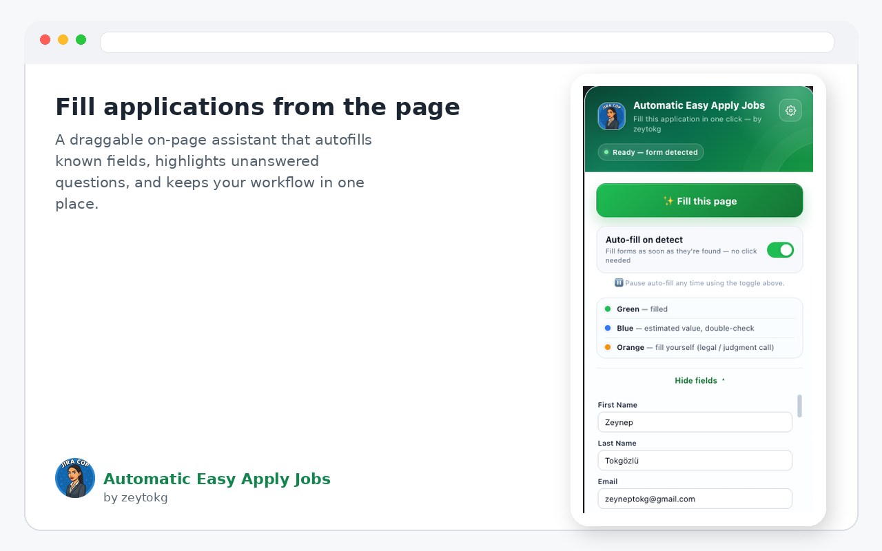 Draggable on-page job application assistant