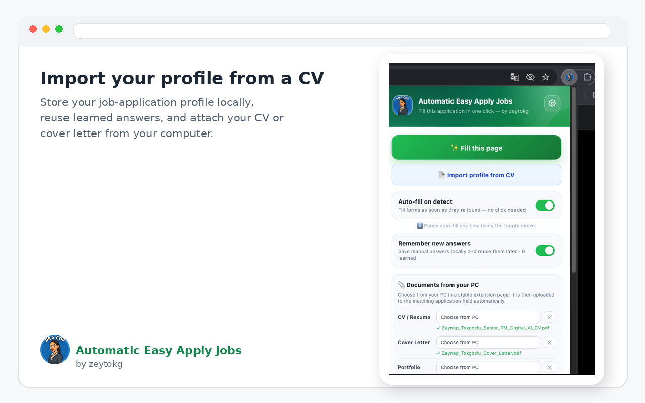 Automatic Easy Apply Jobs extension popup and CV import interface
